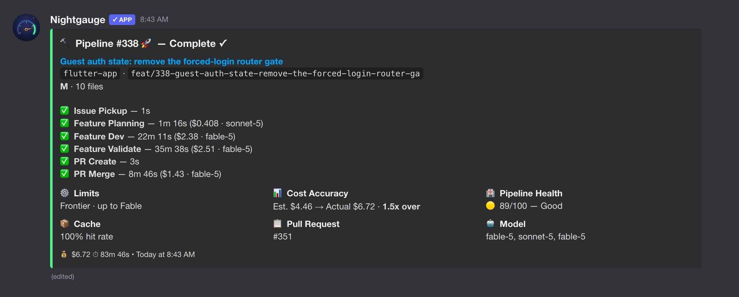 One card per run, edited live — Slack & Discord