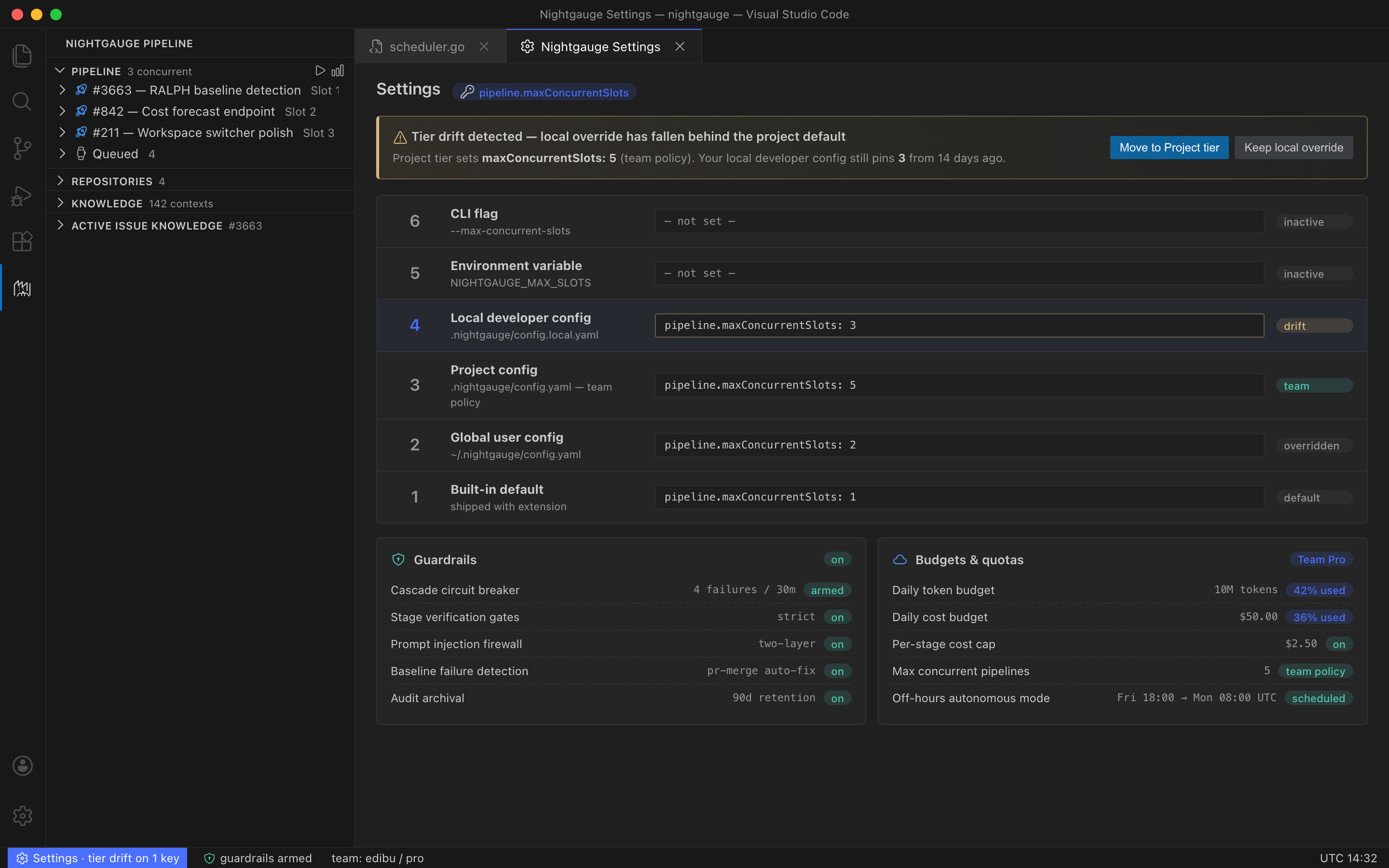Six-tier config with drift detection — Settings panel